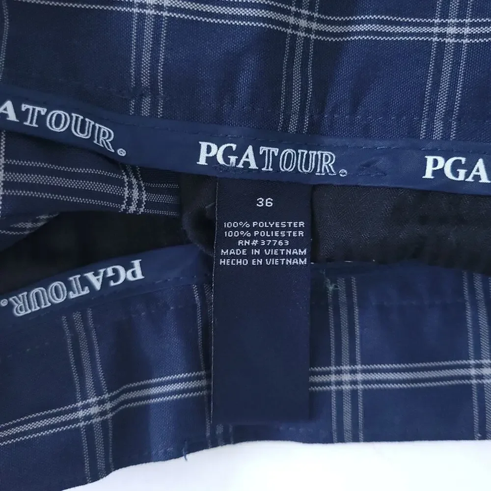 PGA Tour Golf Shorts Size 36 Blue White Plaid Flat Front Athletic Casual Shorts